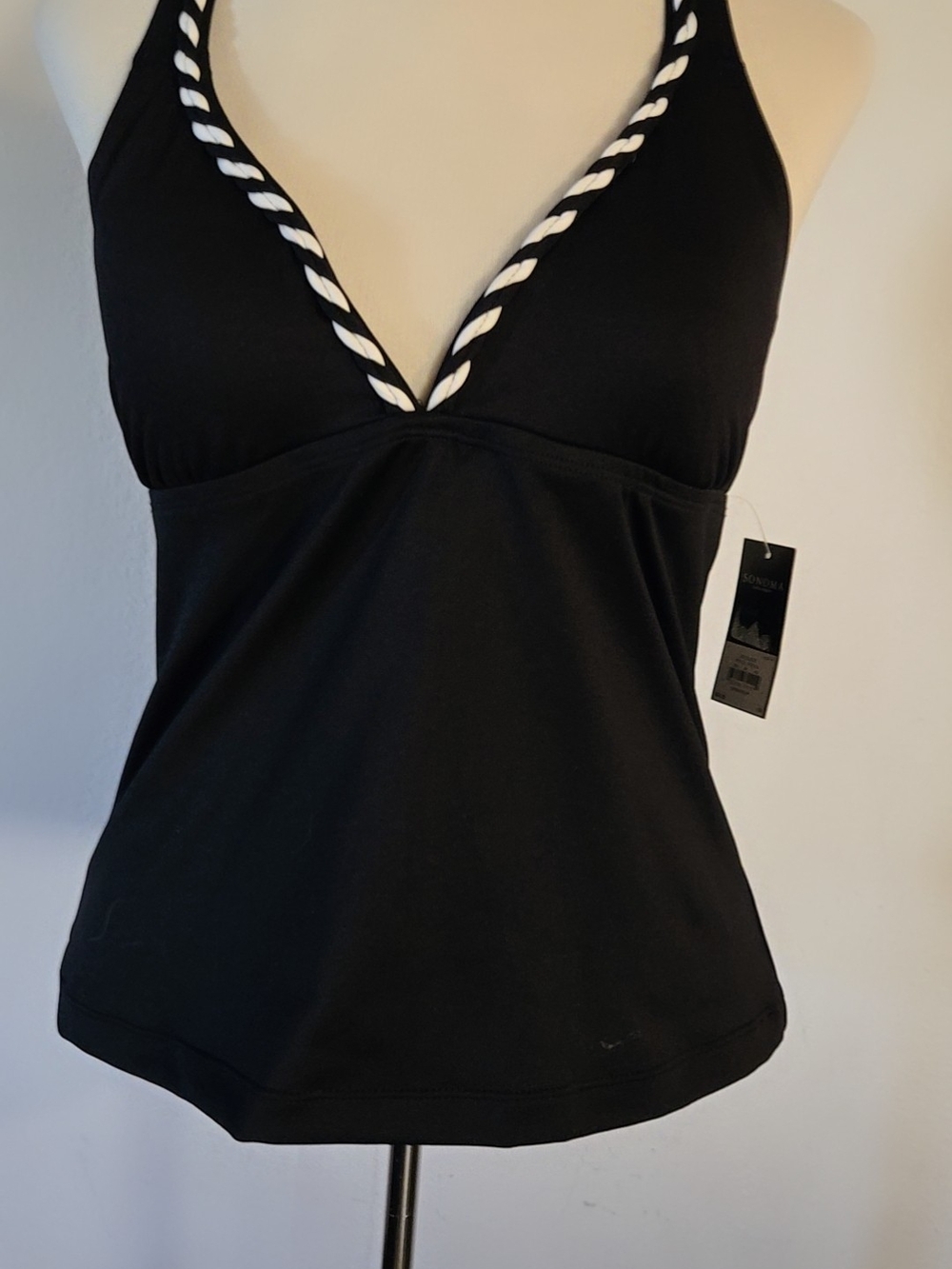 Black Tankini Top with Contrasting White Trim
